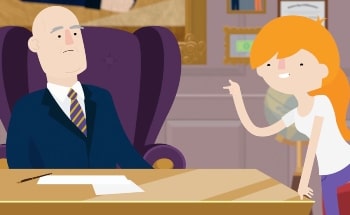 A cartoon woman talking to a cartoon man in a suit sitting in a large wing-back chair